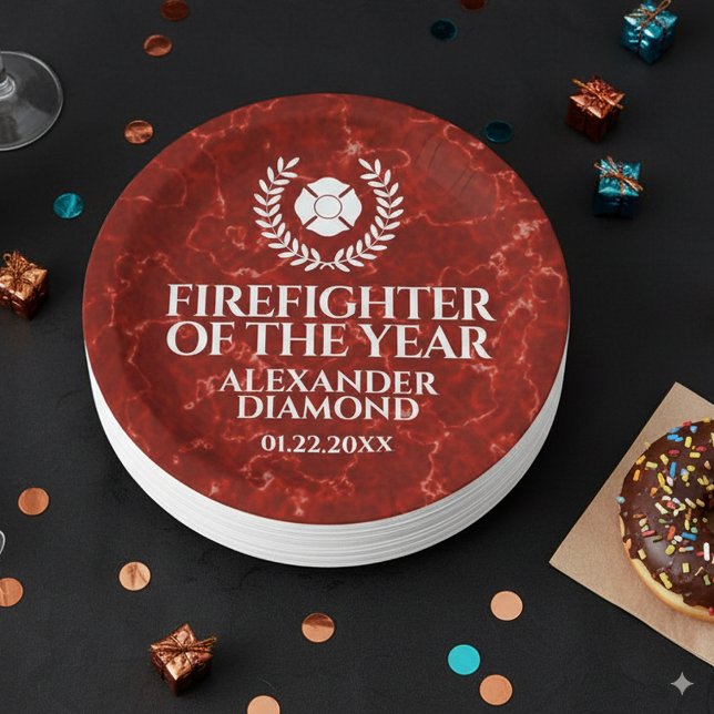 Assiettes En Carton Elégant pompier de l'année Marbre rouge (Elegant Firefighter of the Year Red Marble Round Paper Plates Cover Photo)