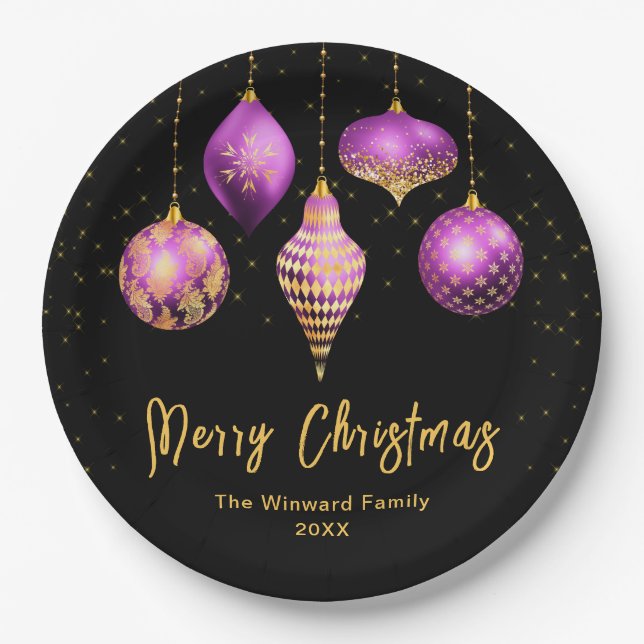 Assiettes En Carton Elegant Purple and Gold Ornament Christmas (Devant)