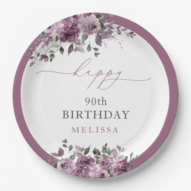 Assiettes En Carton Élégant Purple Floral Tout Âge Anniversaire (Devant)