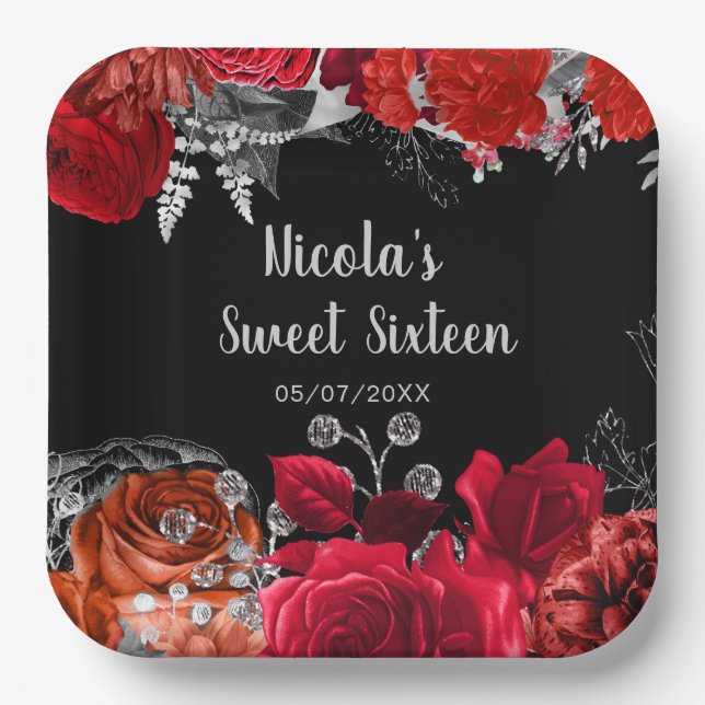 Assiettes En Carton Elegant Red and Silver Flowers Sweet Sixteen  (Recto)