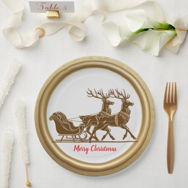 Assiettes En Carton Élégant Red Reindeer Sled Gold Snow Joyeux Noël (Mariage)