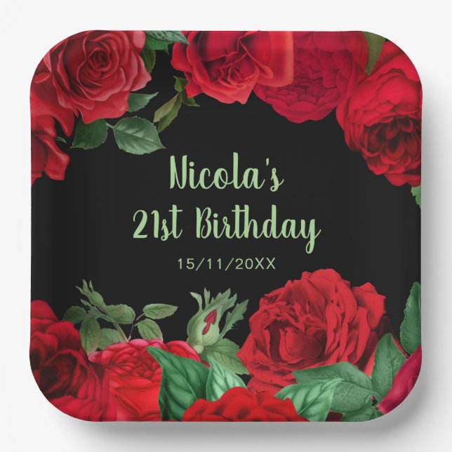 Assiettes En Carton Elegant Red Roses Flowers Birthday Party (Recto)