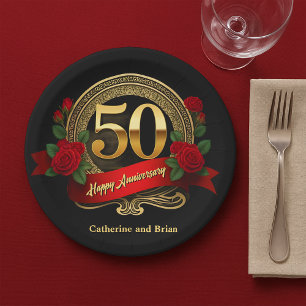 Assiettes En Carton Elégant Red Roses & Gold 50e anniversaire Mariage