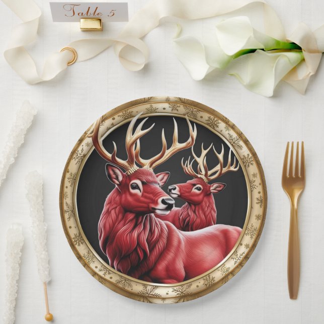 Assiettes En Carton Élégant renne rouge Moose Gold Joyeux Noël (Mariage)