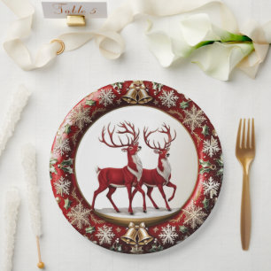 Assiettes En Carton Élégant renne rouge Moose Gold Joyeux Noël