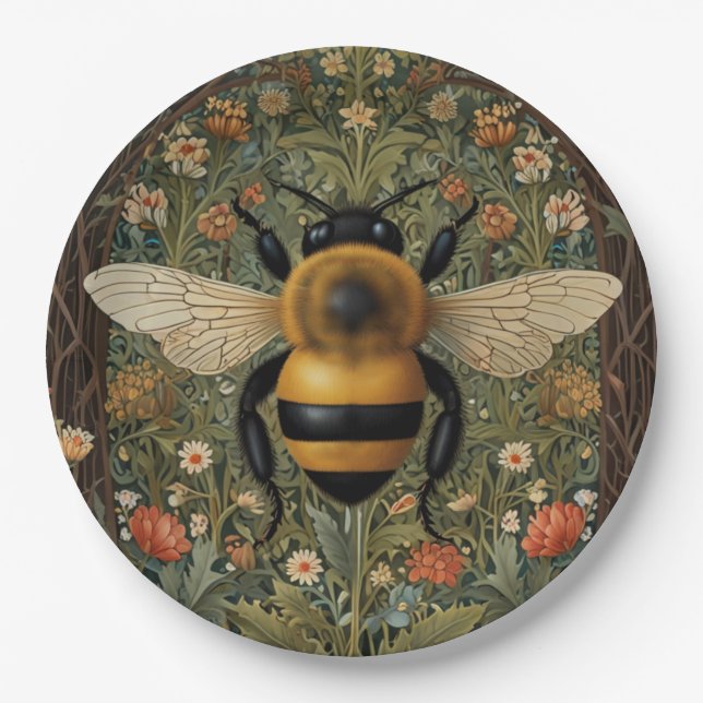 Assiettes En Carton Elégant rétro bumblebee boho botanique floral art (Devant)