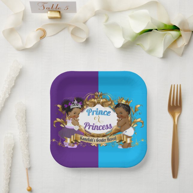 Assiettes En Carton Élégant Révélation Royale Africaine Violet & Bleu  (Mariage)