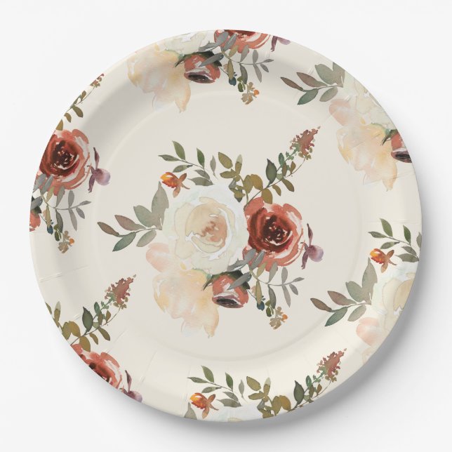 Assiettes En Carton Élégant Romantique automne Floral Mariage rouge (Devant)