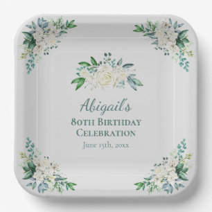 Assiettes En Carton Elégant Rose blanche Floral 80e anniversaire n'imp