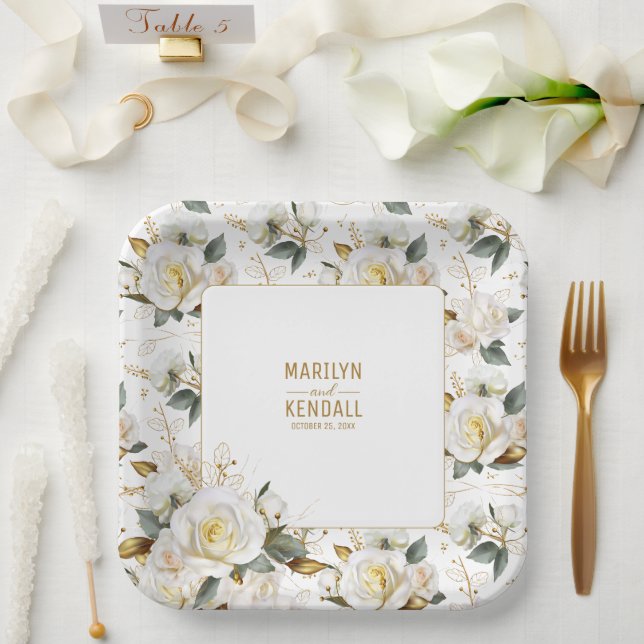 Assiettes En Carton Élégant Rose blanche or romantique Mariage floral (Mariage)