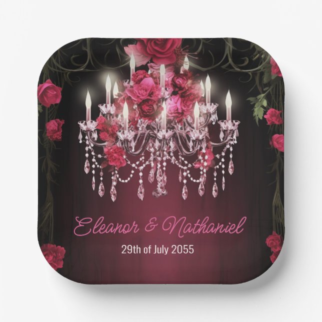 Assiettes En Carton Élégant Rose de Bourgogne Floral Mariage (Recto)