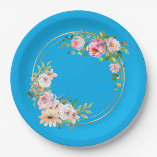 Assiettes En Carton Élégant rose et or Fleur Wreath Plaque papier bleu
