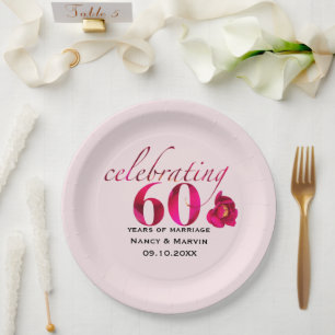 Assiettes En Carton Élégant rose floral 60e Anniversaire nom date