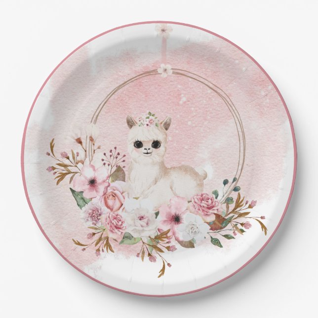 Assiettes En Carton Elégant rose floral Aquarelle Llama Baby shower P (Devant)