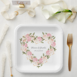 Assiettes En Carton Elégant rose Floral Aquarelle Noms Mariage Coeur