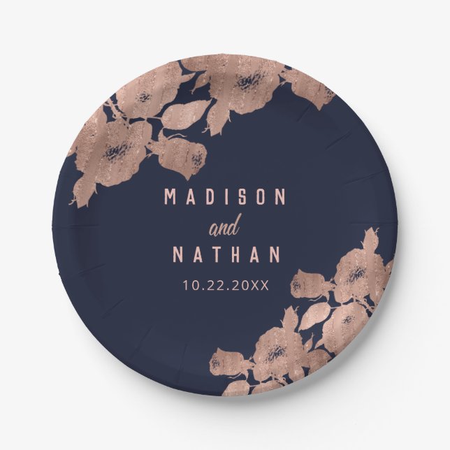 Assiettes En Carton Élégant Rose Gold et Marine Floral Mariage Napkins (Devant)