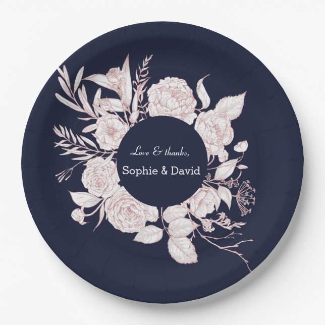 Assiettes En Carton Elégant Rose Gold Flowers Marine Blue Mariage (Devant)