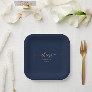 Assiettes En Carton Elégant Rose or & Navy bleu Cheers Event Party