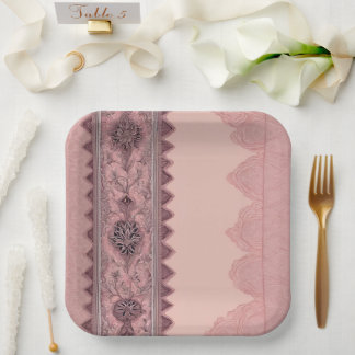 Assiettes En Carton Élégant Rose Poussiéreux Bordure en Dentelle Vinta