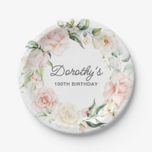 Assiettes En Carton Élégant rose rose florale 100e anniversaire