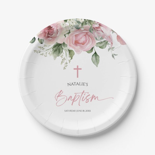 Assiettes En Carton Élégant rose rose rose floral Baptême (Devant)