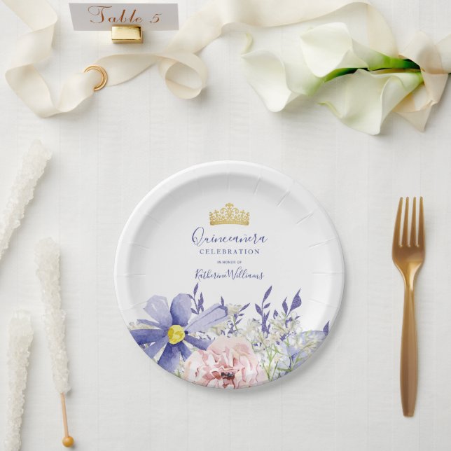 Assiettes En Carton Elégant rose violet Floral or Couronne Quinceañera (Mariage)