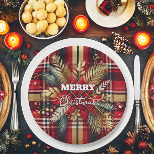Assiettes En Carton Élégant rouge et or Festif Plaid