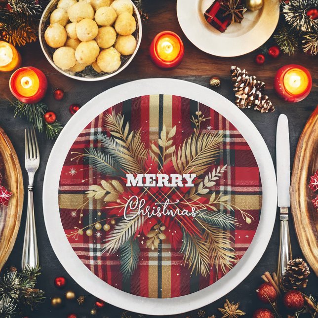 Assiettes En Carton Élégant rouge et or Festif Plaid (Créateur téléchargé)