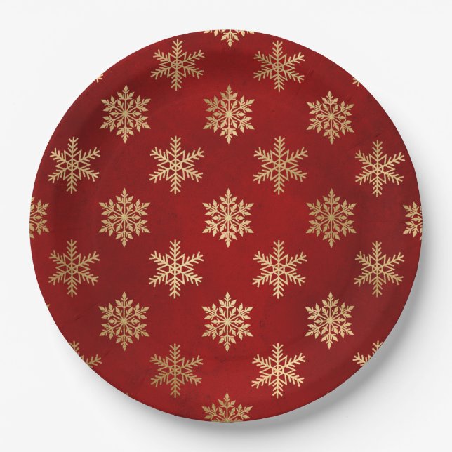 Assiettes En Carton Élégant Rouge Gold Snowflakes Noël (Devant)