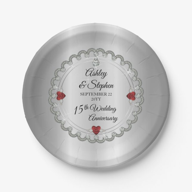 Assiettes En Carton Elégant Ruby | 15e anniversaire du Mariage des dia (Devant)