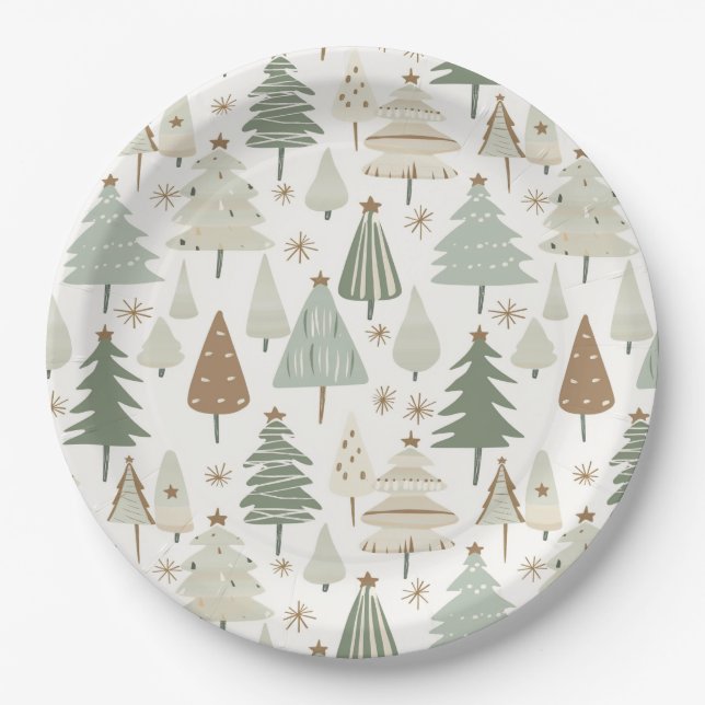 Assiettes En Carton Élégant Saga vert Noël Arbres motif (Devant)