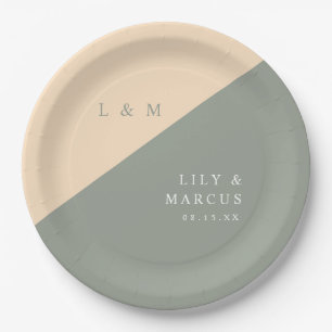 Assiettes En Carton Élégant Sage Vert Et Mariage Monogramme Crème
