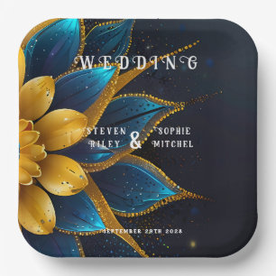Assiettes En Carton Élégant Sapphire et Mariage Floral Or