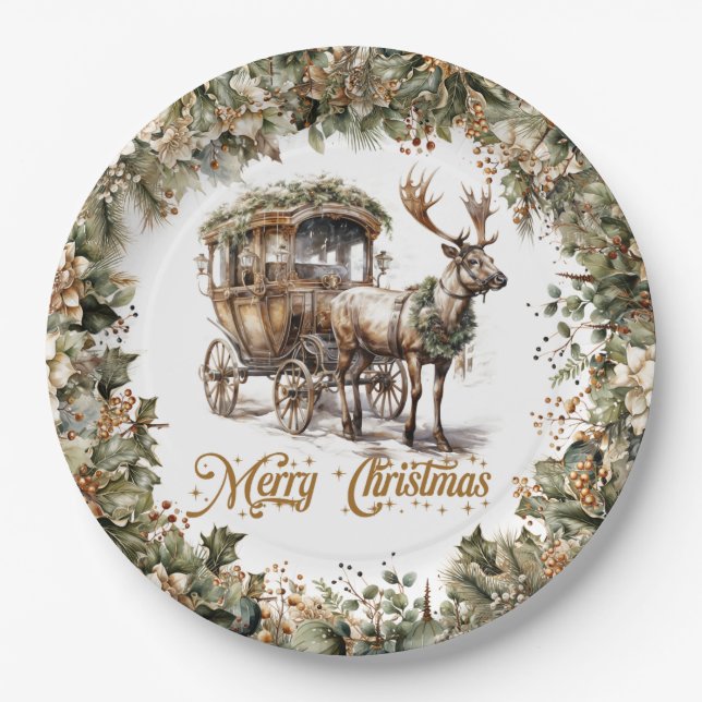 Assiettes En Carton Élégant sauge vert saint faux or Reindeer traîneau (Devant)