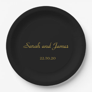 Assiettes En Carton Élégant Script Black and Gold Wedding Party