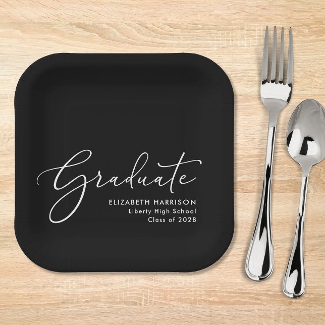 Assiettes En Carton Élégant Script Black Graduation Party (Créateur téléchargé)