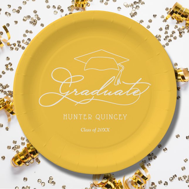 Assiettes En Carton Élégant Script Casquette Grad Jaune Gold Graduatio (White script grad cap on yellow personalized graduation party paper plates, napkins in our store)
