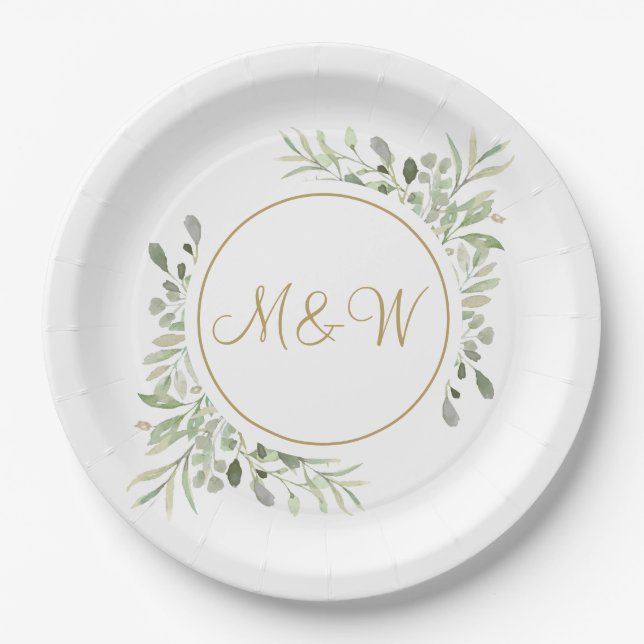 Assiettes En Carton Élégant script or Monogramme Initiales Verdure (Devant)