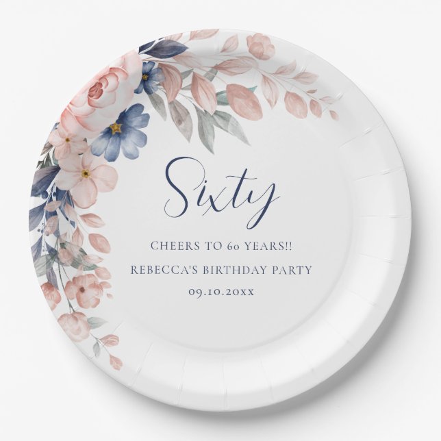 Assiettes En Carton Élégant script rose floral 60e anniversaire (Devant)