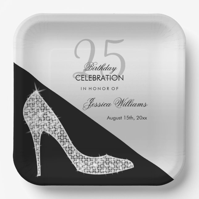Assiettes En Carton Elégant Sequin Stiletto, Argent et Noir Anniversai (Recto)
