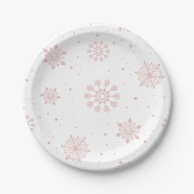 Assiettes En Carton Élégant Snowflakes rose Hiver Wonderland (Devant)
