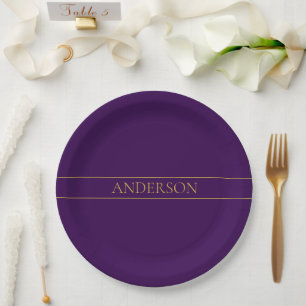Assiettes En Carton Élégant texte personnalisable Gold & Deep Purple