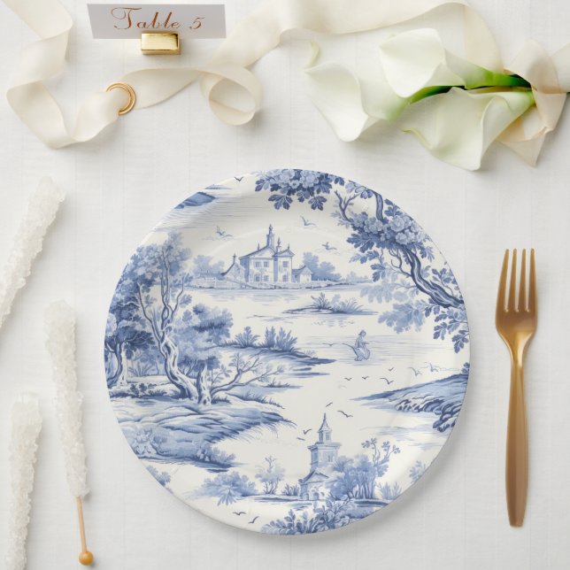 Assiettes En Carton Elégant Toile Bleue Français Classique Porceline S (Mariage)