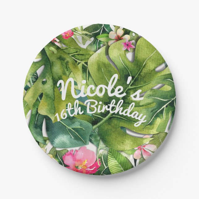 Assiettes En Carton Elégant Tropics Vert Feuille Floral Aquarelle (Devant)