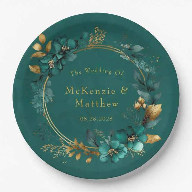 Assiettes En Carton Elégant Turquoise et or Aquarelle Mariage floral (Devant)