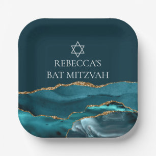 Assiettes En Carton Élégant Turquoise Gold Bat mitzvah Party Personnal