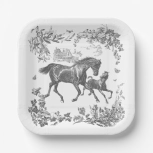 Assiettes En Carton Élégant Vintage Chevaux Floral Noir Blanc