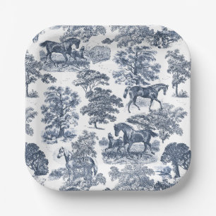 Assiettes En Carton Elégant Vintage Chic Blue Horses Country Toile