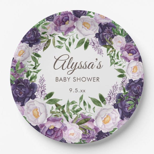 Assiettes En Carton Elégant violet aquarelle Floral Girl Baby shower (Devant)