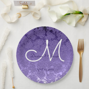 Assiettes En Carton Élégant violet blanc Mariage Monogramme